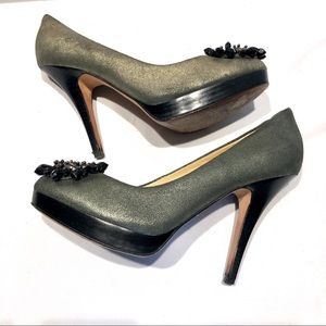 Coach “Bergen” Beaded Flower Metallic Pump Heels